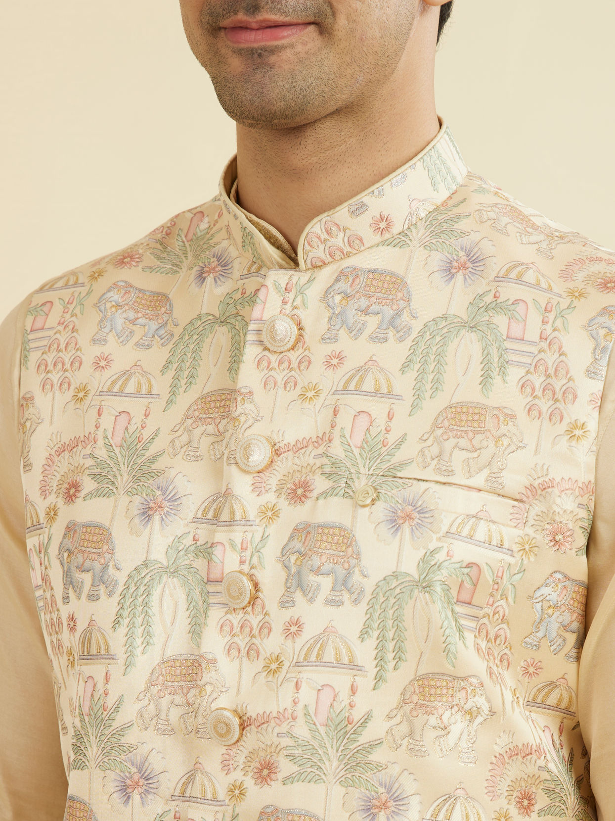 Manyavar Men Beige Brocade Nehru Jacket