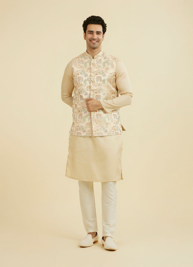Manyavar Men Beige Brocade Nehru Jacket