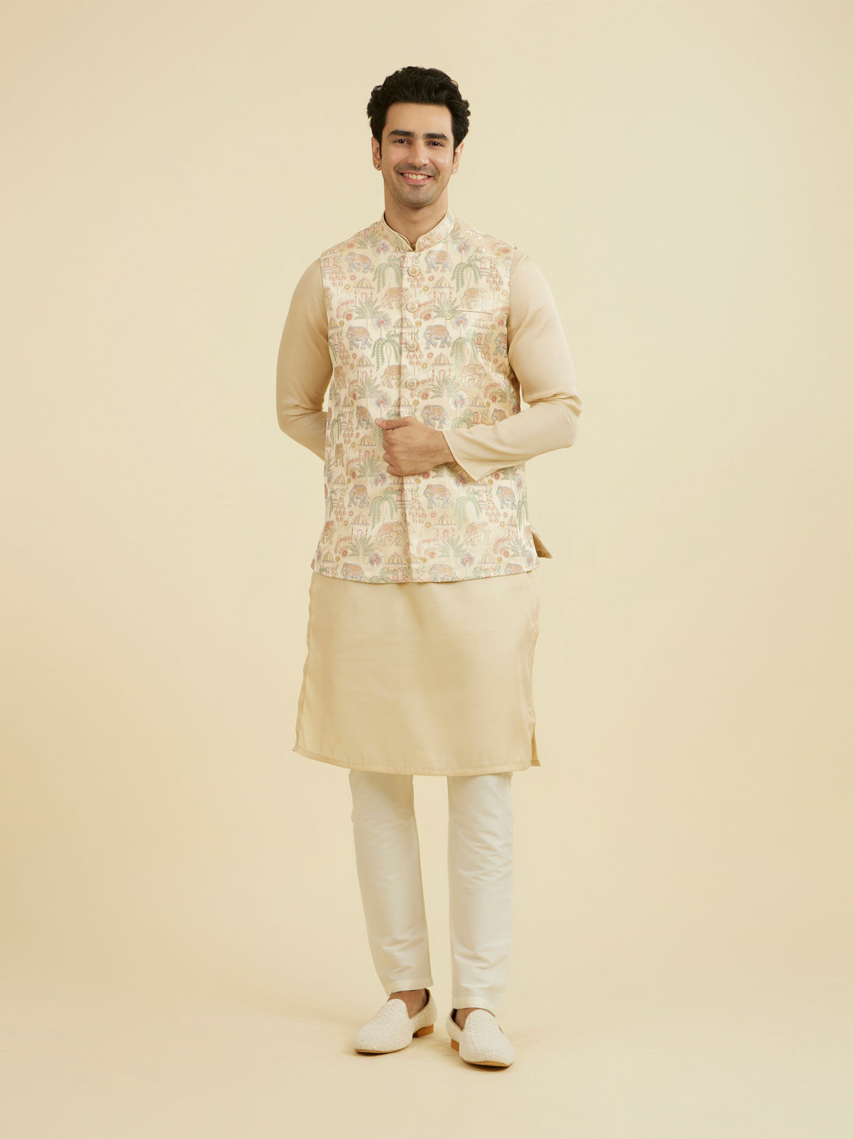 Manyavar Men Beige Brocade Nehru Jacket