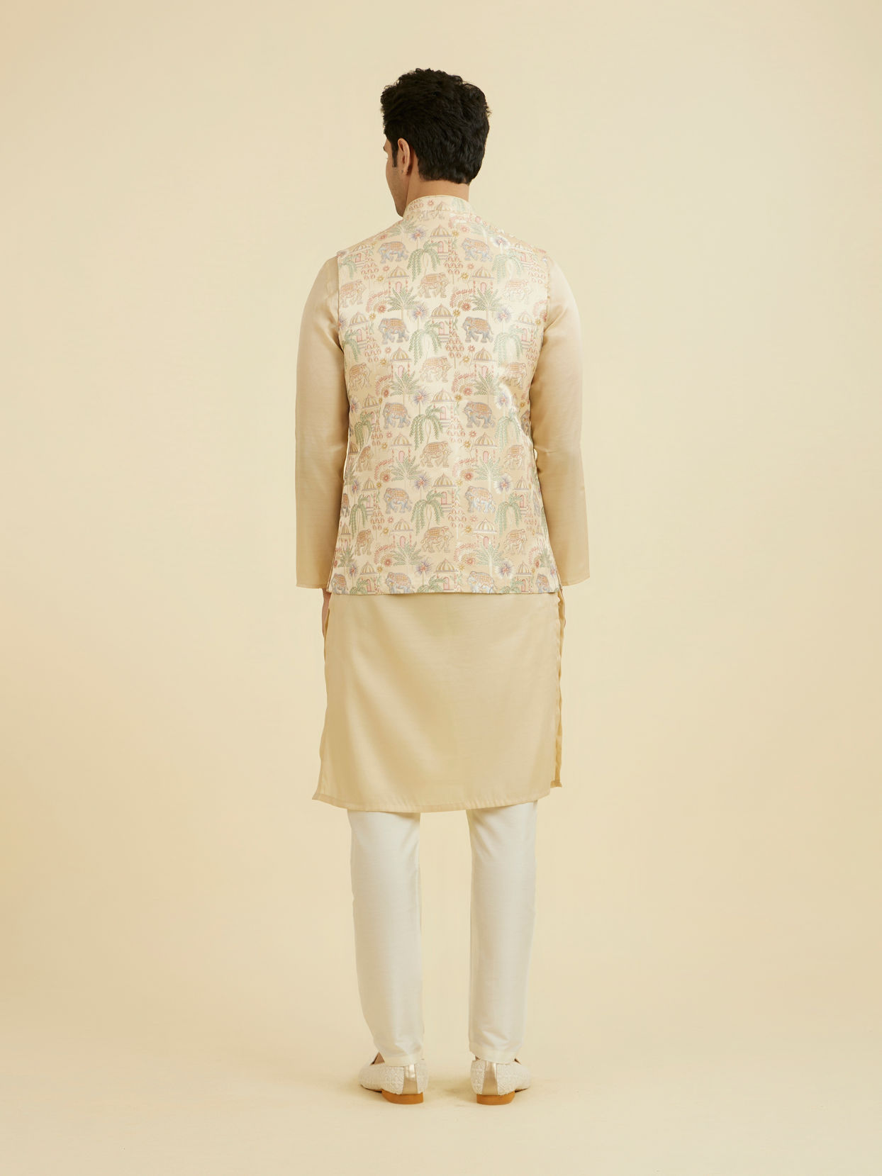 Manyavar Men Beige Brocade Nehru Jacket
