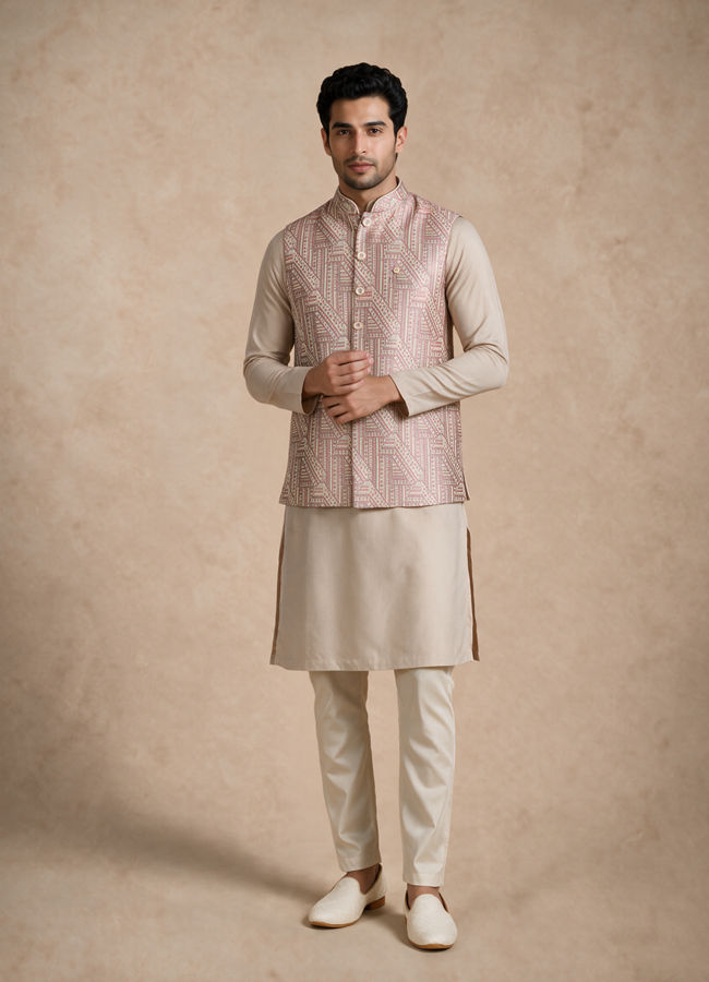 Manyavar Men Pink Brocade Nehru Jacket with Self-Texture
