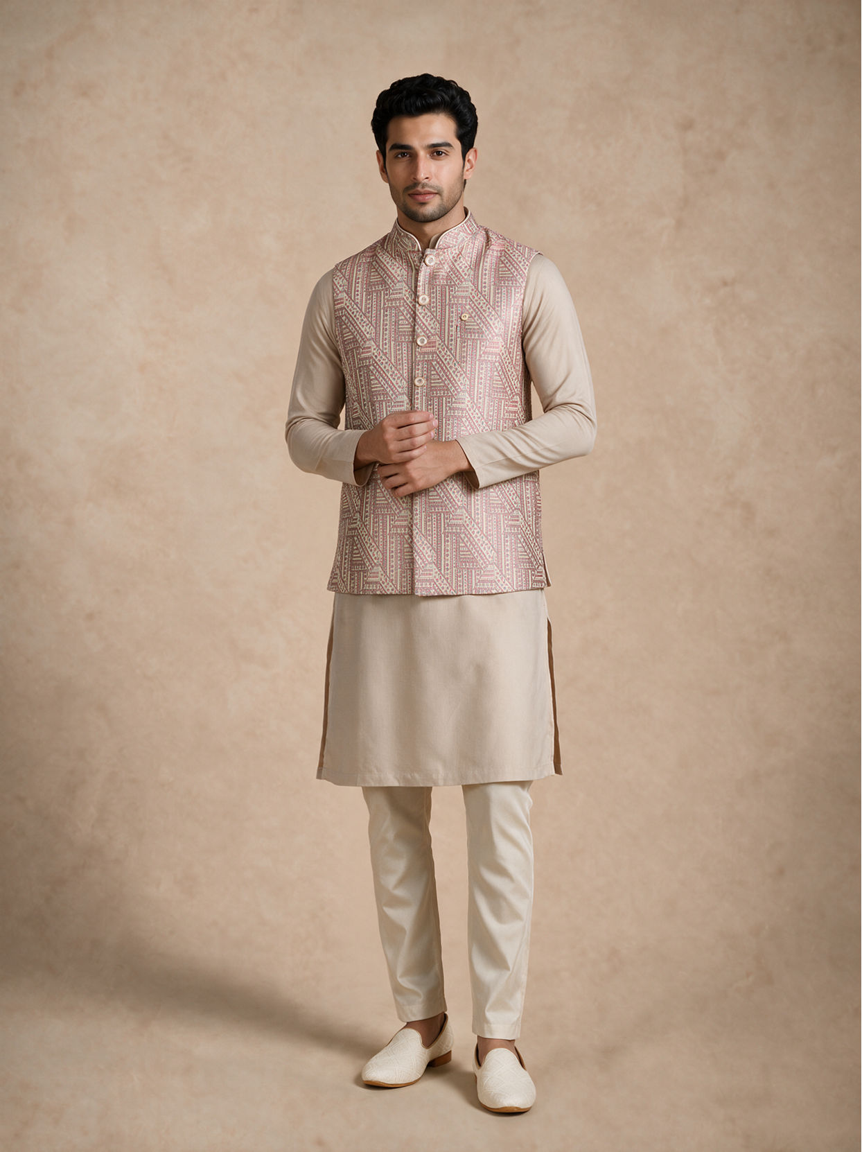 Manyavar Men Pink Brocade Nehru Jacket with Self-Texture