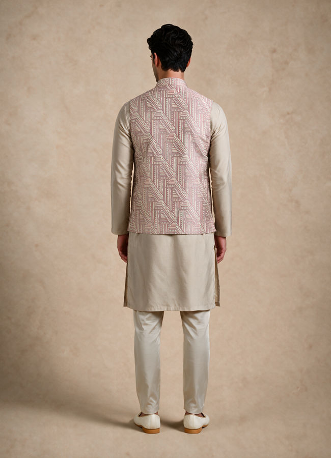Manyavar Men Pink Brocade Nehru Jacket with Self-Texture