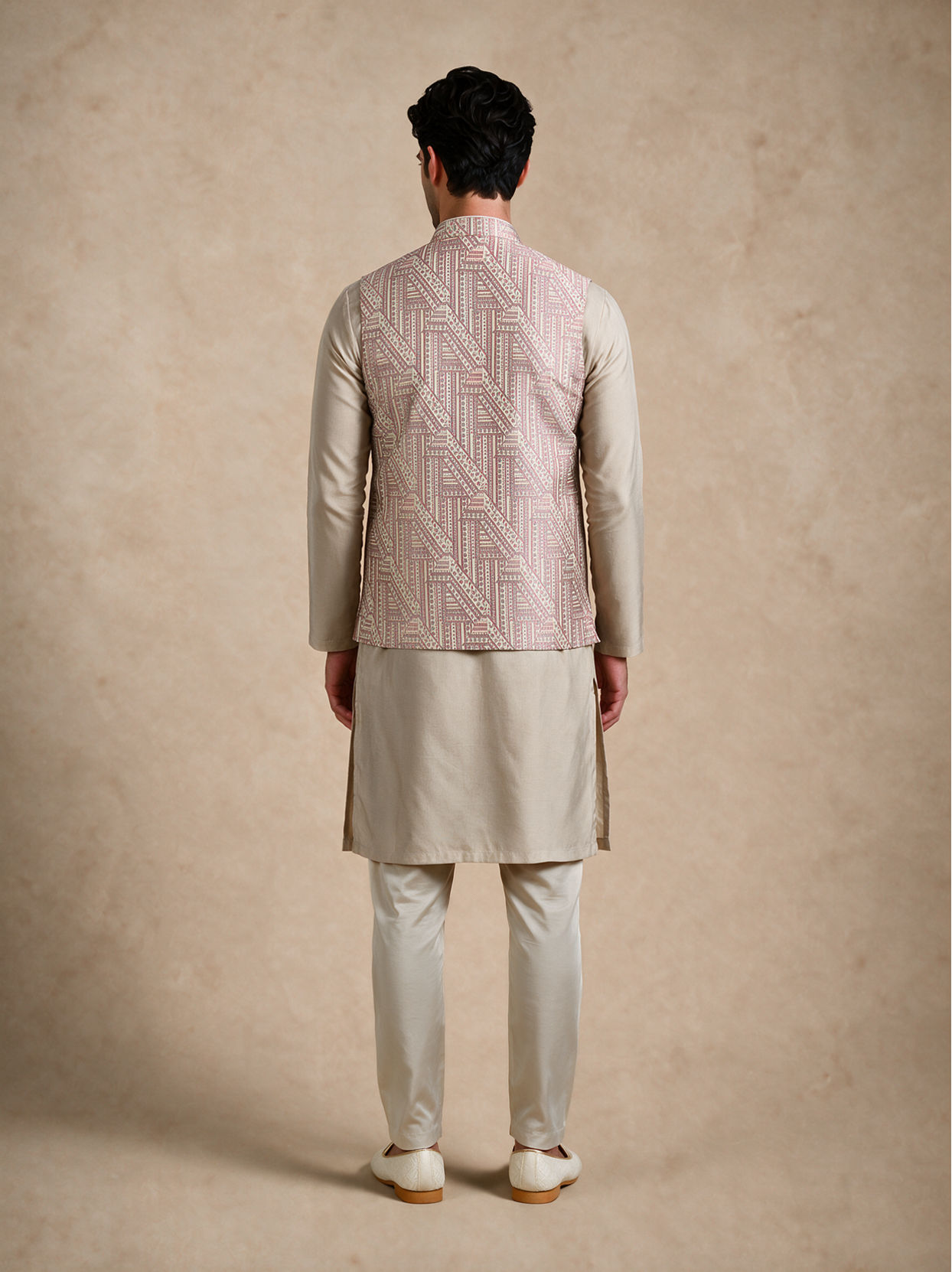 Manyavar Men Pink Brocade Nehru Jacket with Self-Texture