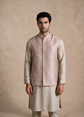 Manyavar Men Pink Brocade Nehru Jacket with Self-Texture