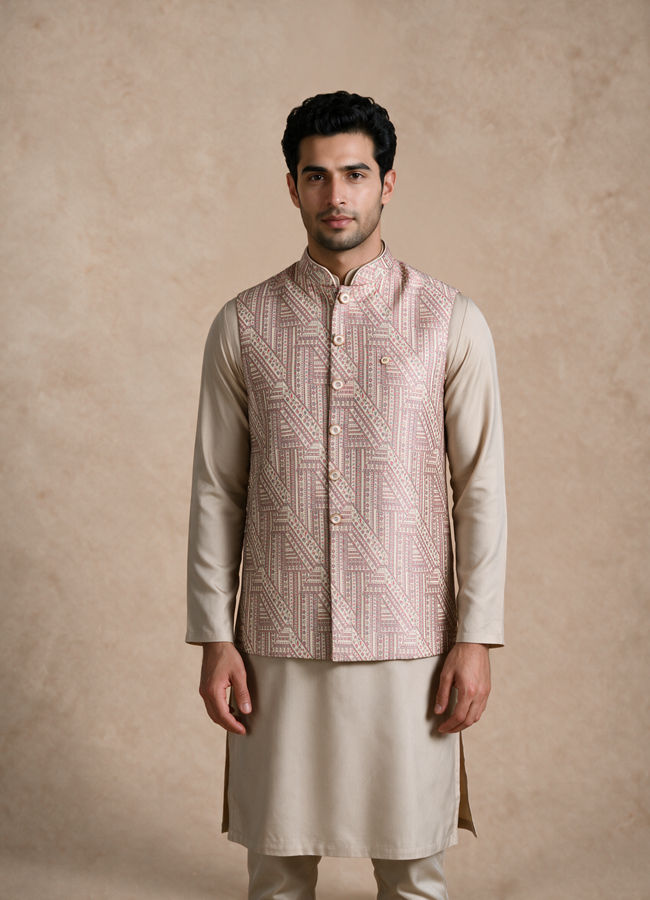 Manyavar Men Pink Brocade Nehru Jacket with Self-Texture