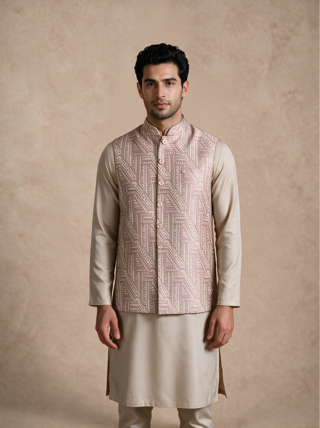 Manyavar Men Pink Brocade Nehru Jacket with Self-Texture