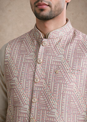 Manyavar Men Pink Brocade Nehru Jacket with Self-Texture