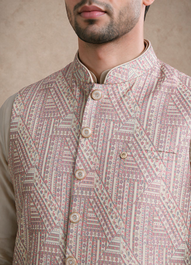 Manyavar Men Pink Brocade Nehru Jacket with Self-Texture