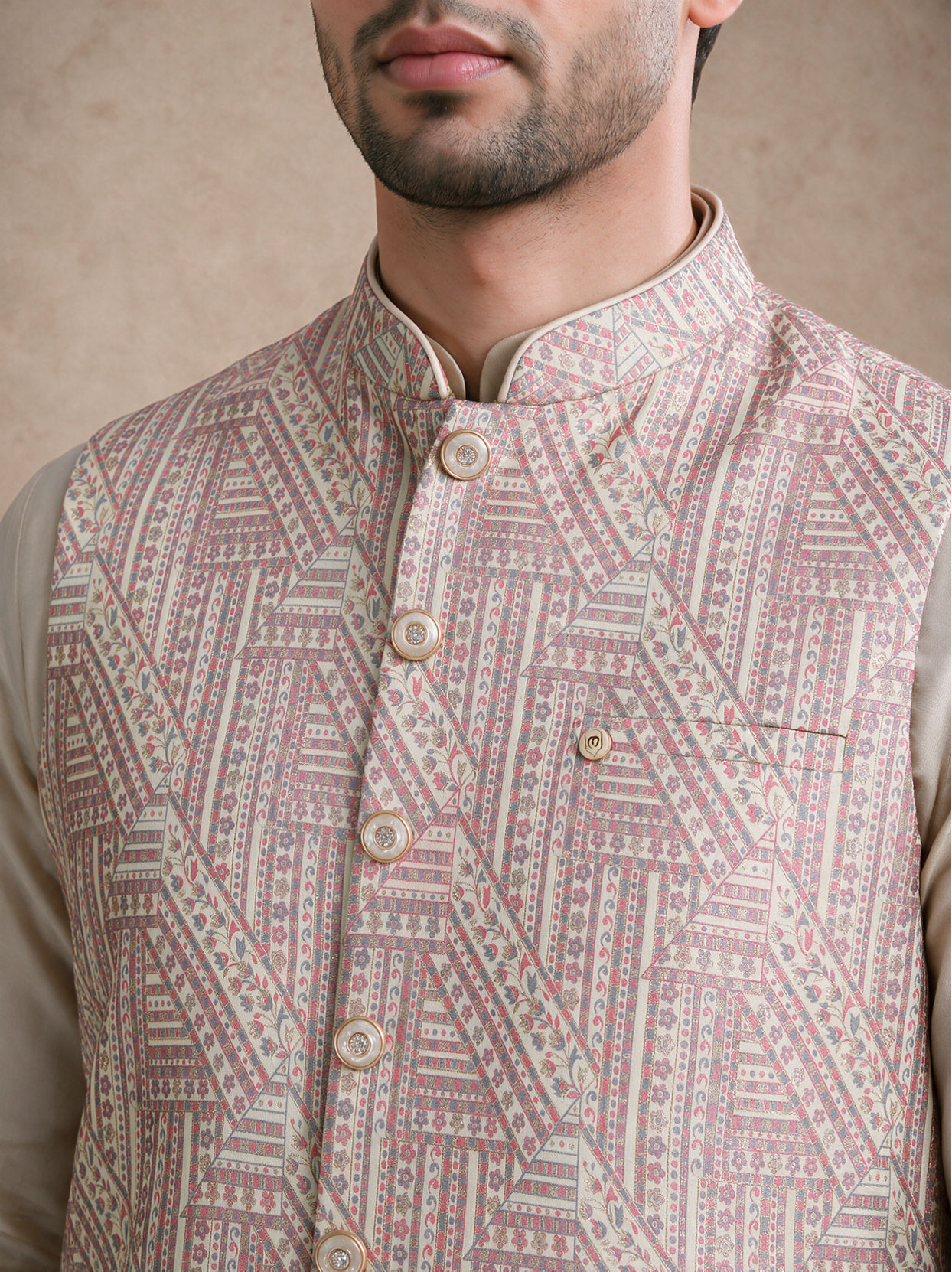 Manyavar Men Pink Brocade Nehru Jacket with Self-Texture