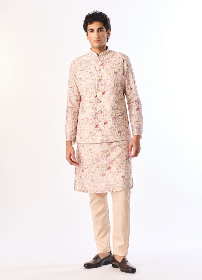 Manyavar Men Cream Art Silk Nehru Jacket with Print