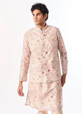 Manyavar Men Cream Art Silk Nehru Jacket with Print