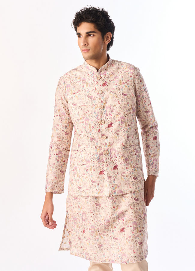 Manyavar Men Cream Art Silk Nehru Jacket with Print