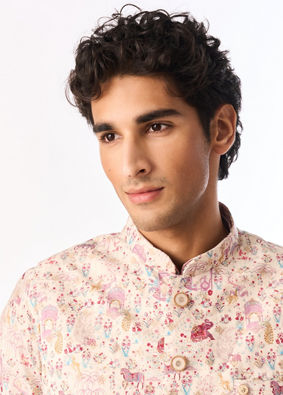 Manyavar Men Cream Art Silk Nehru Jacket with Print