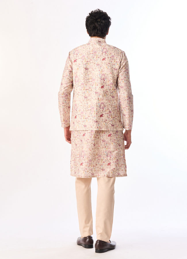 Manyavar Men Cream Art Silk Nehru Jacket with Print