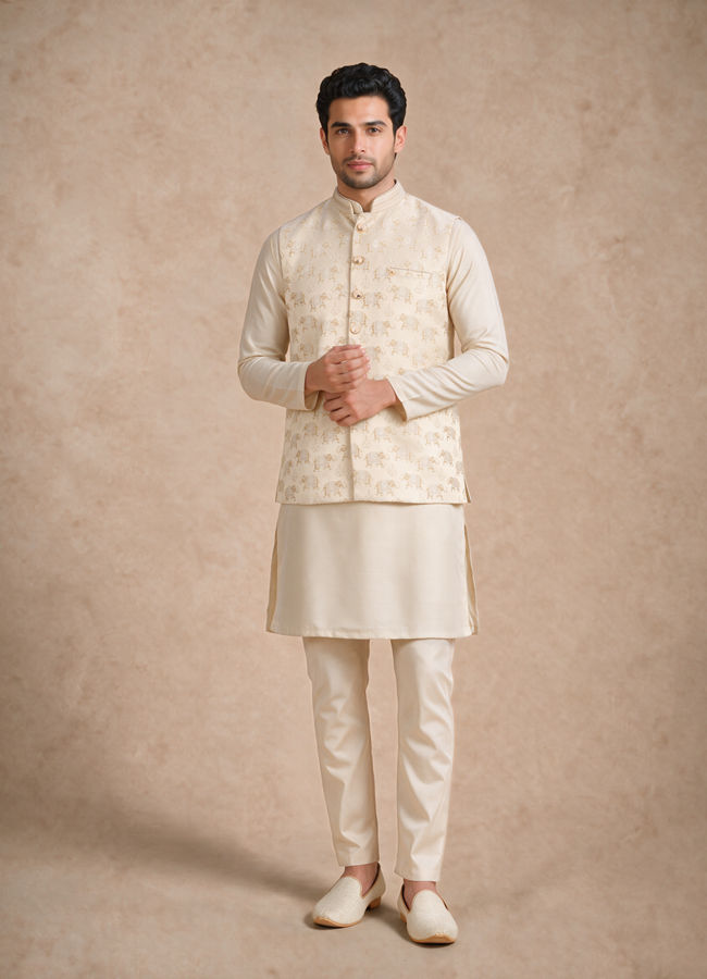 Manyavar Men Beige Brocade Nehru Jacket with Self-Texture