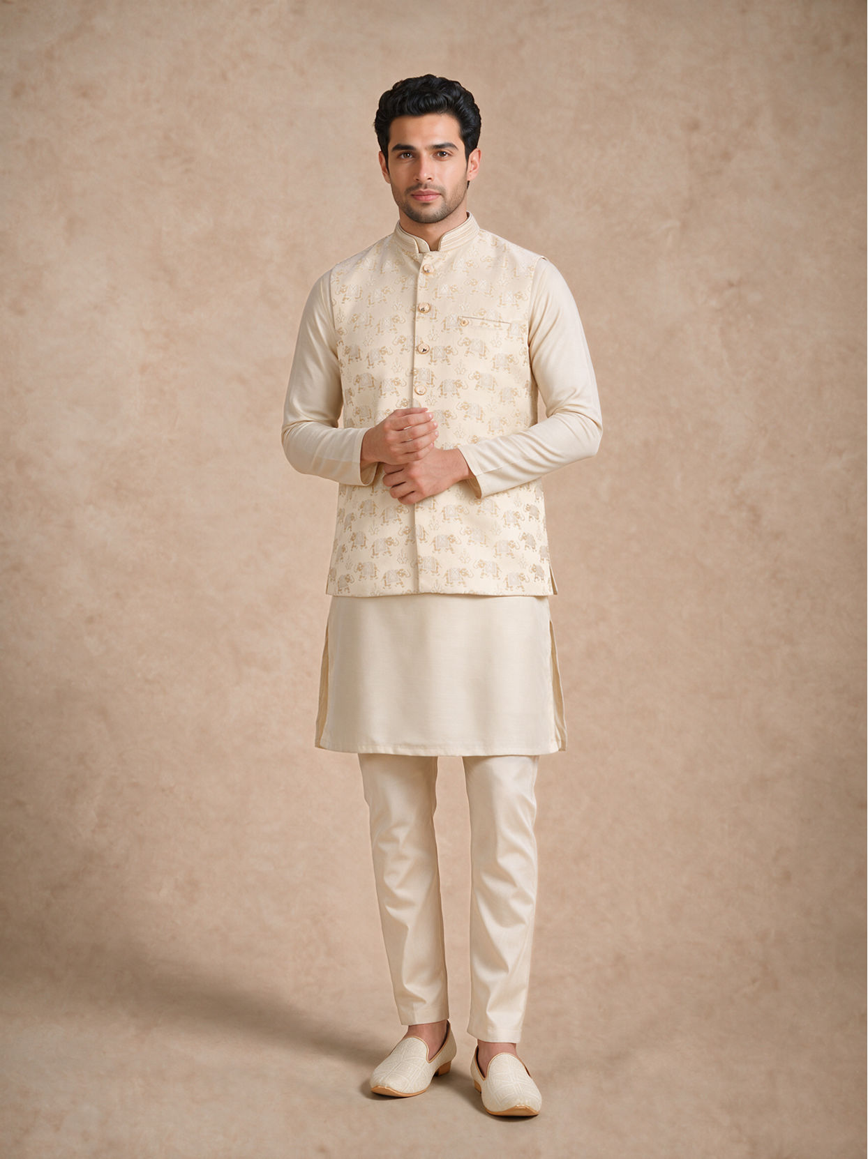Manyavar Men Beige Brocade Nehru Jacket with Self-Texture