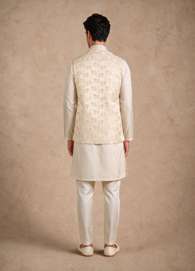 Manyavar Men Beige Brocade Nehru Jacket with Self-Texture