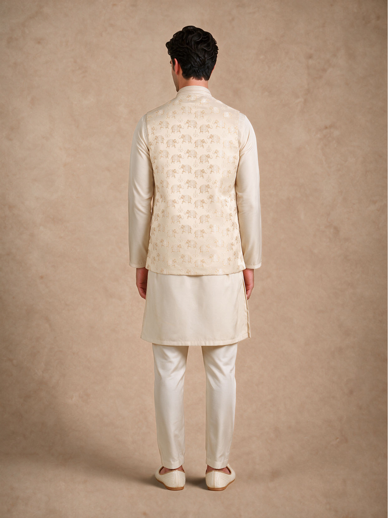 Manyavar Men Beige Brocade Nehru Jacket with Self-Texture