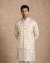 Manyavar Men Beige Brocade Nehru Jacket with Self-Texture
