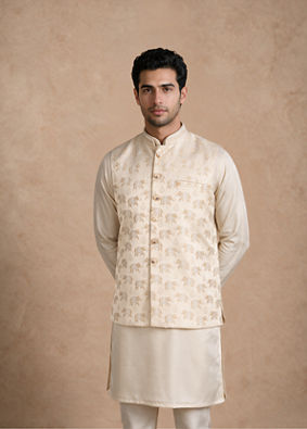 Manyavar Men Beige Brocade Nehru Jacket with Self-Texture