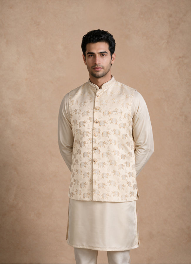 Manyavar Men Beige Brocade Nehru Jacket with Self-Texture