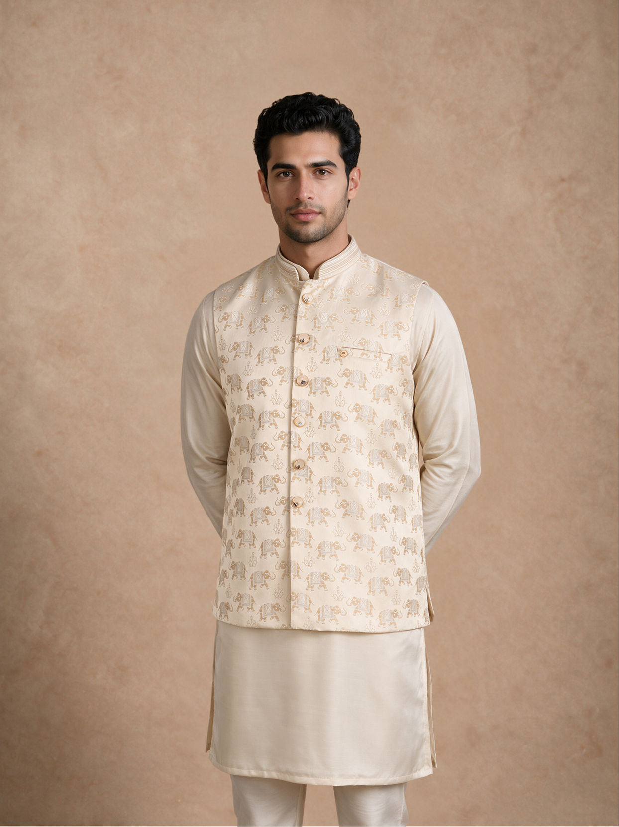 Manyavar Men Beige Brocade Nehru Jacket with Self-Texture
