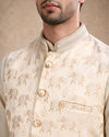 Manyavar Men Beige Brocade Nehru Jacket with Self-Texture