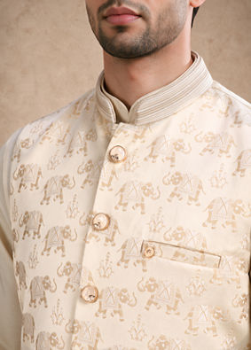 Manyavar Men Beige Brocade Nehru Jacket with Self-Texture