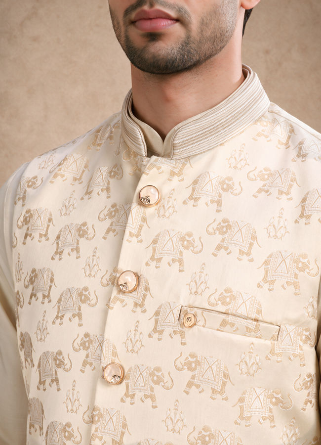 Manyavar Men Beige Brocade Nehru Jacket with Self-Texture