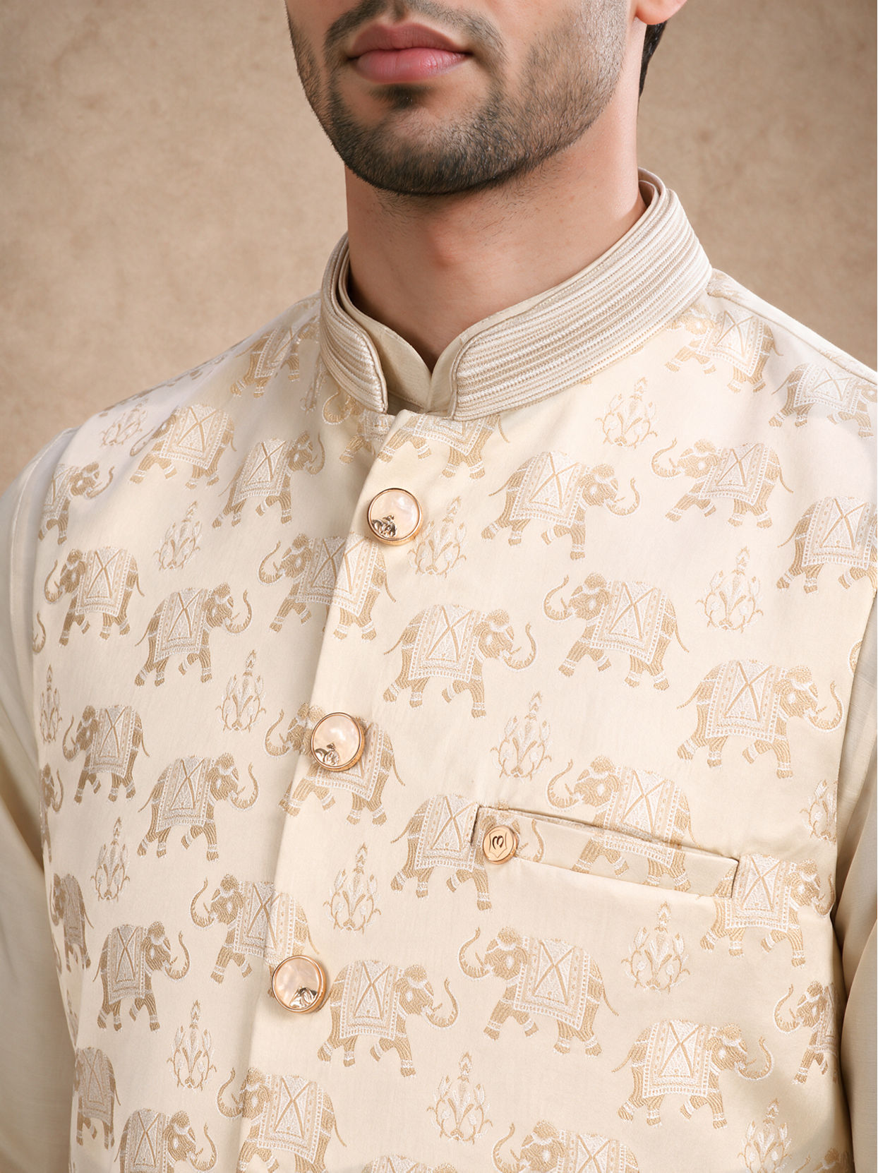 Manyavar Men Beige Brocade Nehru Jacket with Self-Texture