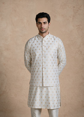 Manyavar Men Cream Blended Viscose Nehru Jacket with Jacquard