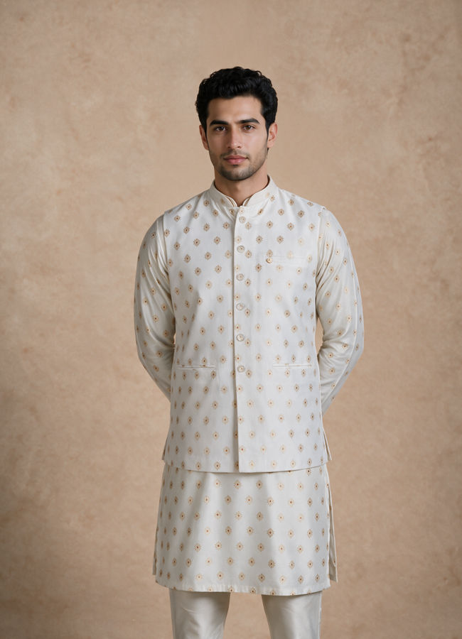 Manyavar Men Cream Blended Viscose Nehru Jacket with Jacquard