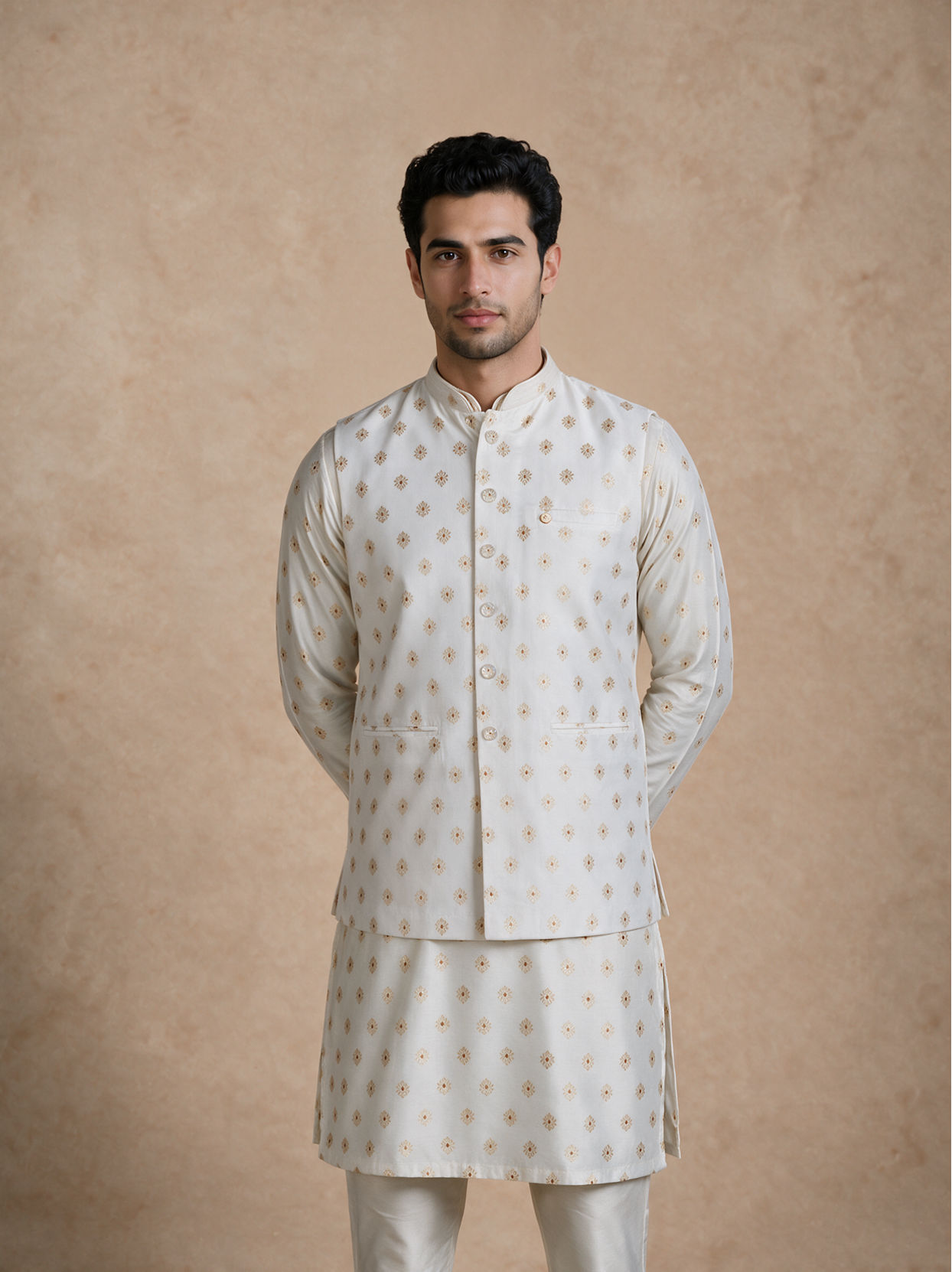 Manyavar Men Cream Blended Viscose Nehru Jacket with Jacquard