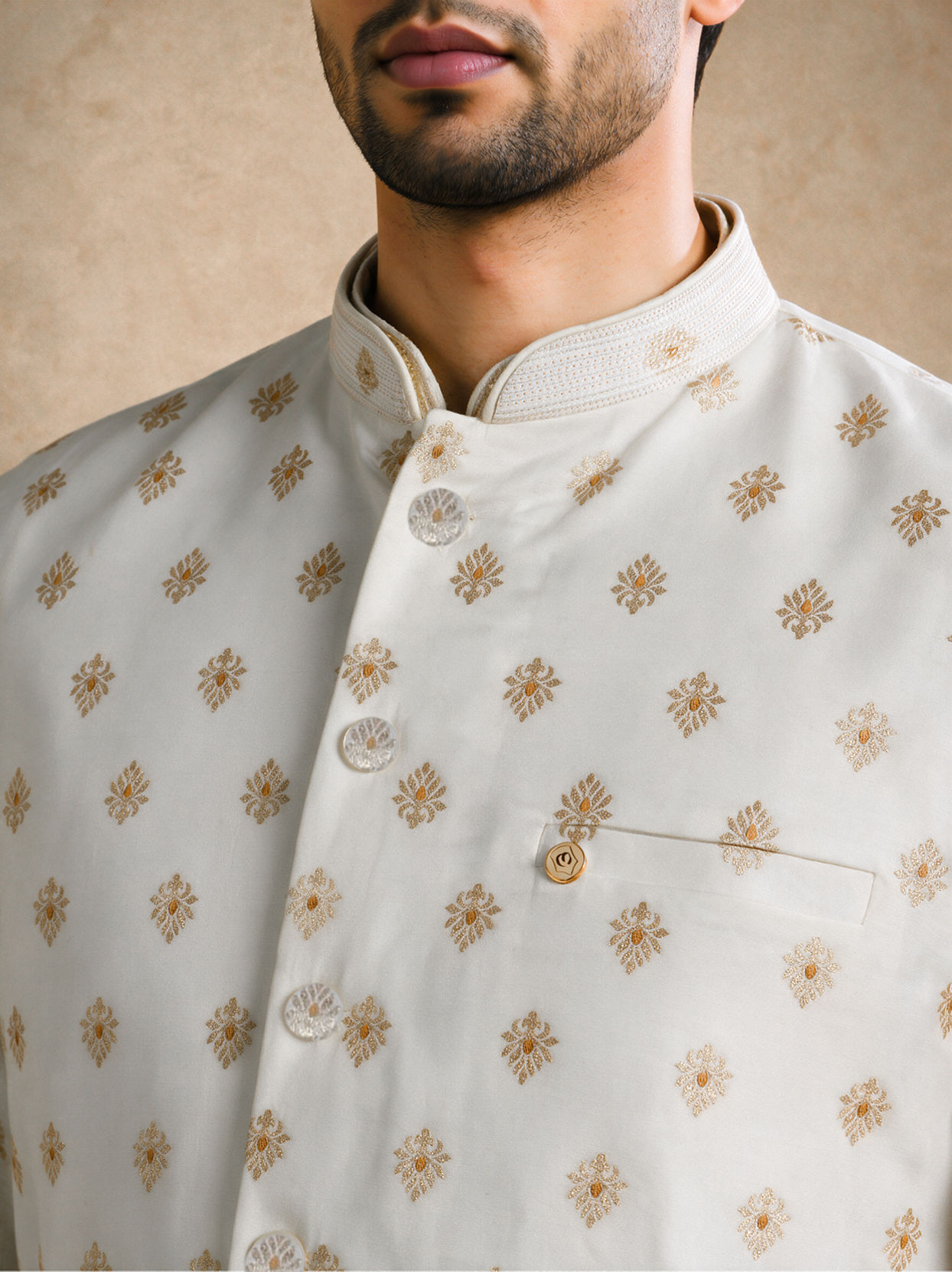 Manyavar Men Cream Blended Viscose Nehru Jacket with Jacquard