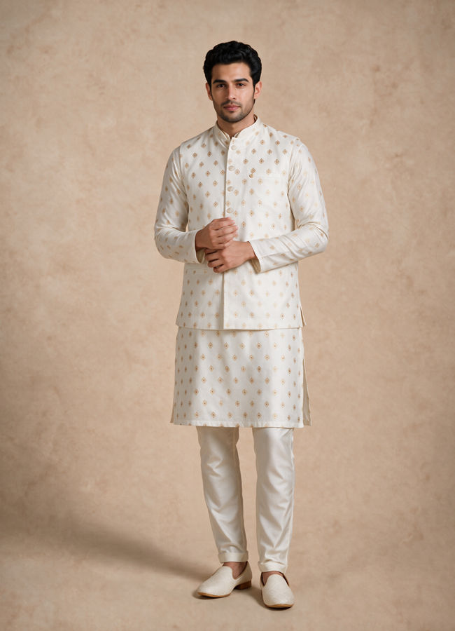 Manyavar Men Cream Blended Viscose Nehru Jacket with Jacquard
