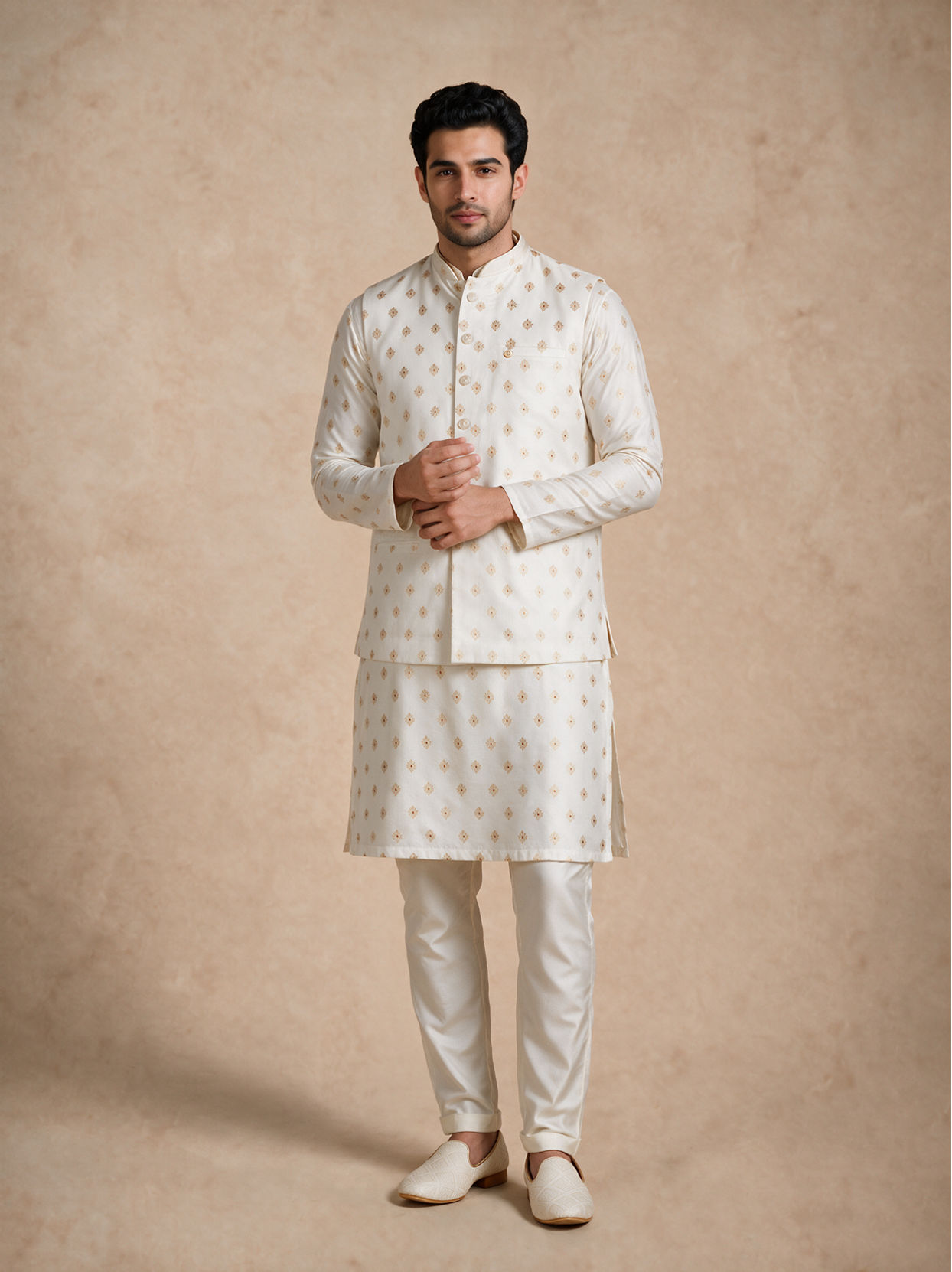 Manyavar Men Cream Blended Viscose Nehru Jacket with Jacquard