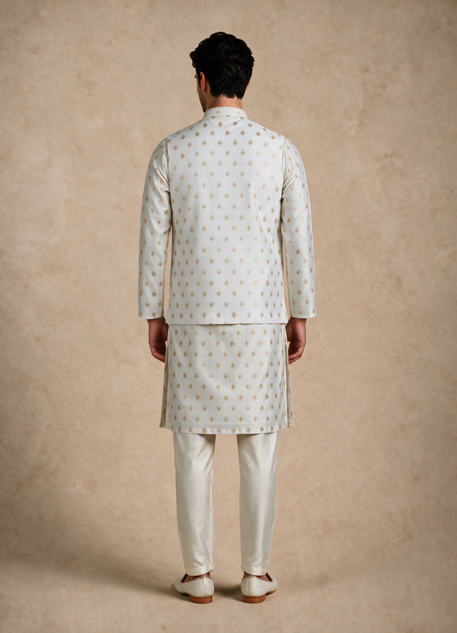 Manyavar Men Cream Blended Viscose Nehru Jacket with Jacquard