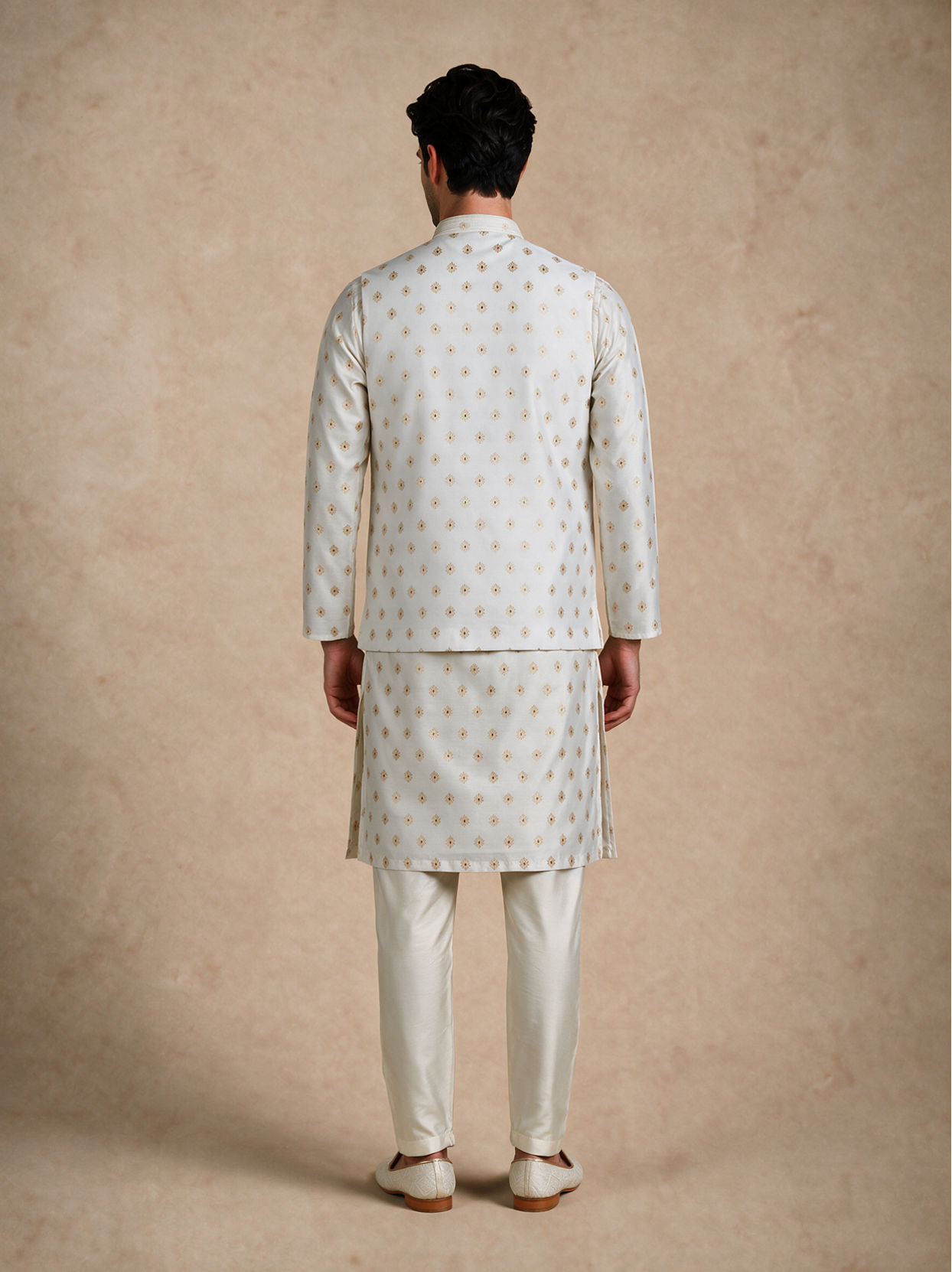 Manyavar Men Cream Blended Viscose Nehru Jacket with Jacquard