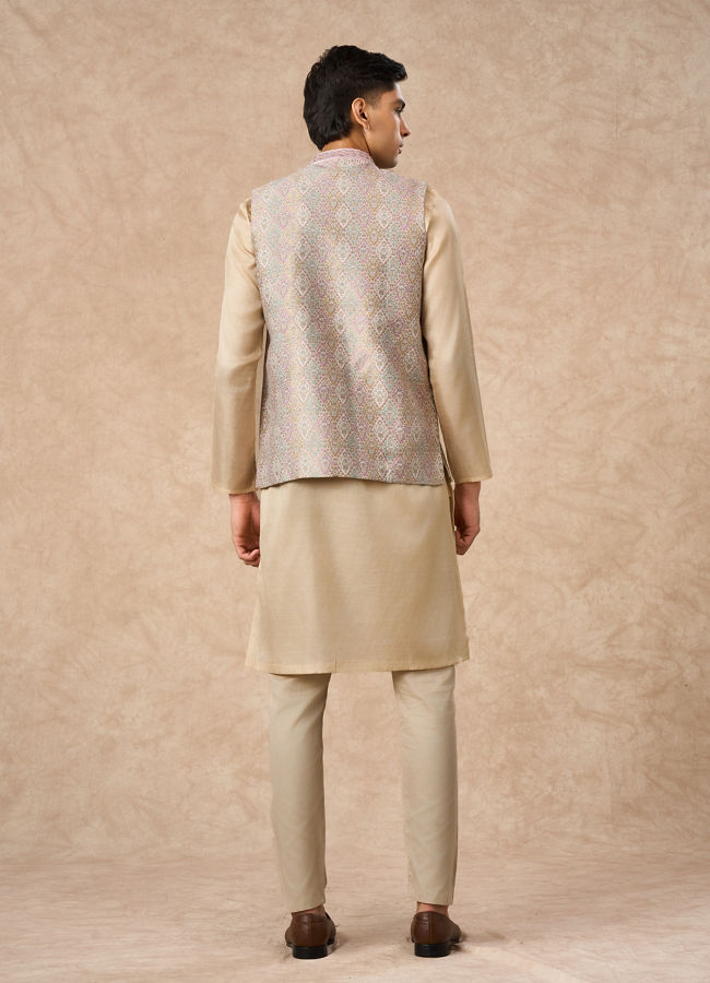 Manyavar Men Cream Brocade Nehru Jacket with Pocket Pin