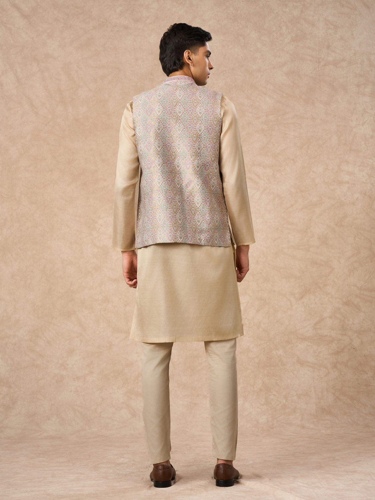 Manyavar Men Cream Brocade Nehru Jacket with Pocket Pin