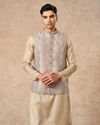 Manyavar Men Cream Brocade Nehru Jacket with Pocket Pin