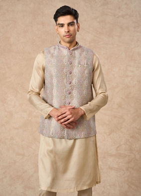 Manyavar Men Cream Brocade Nehru Jacket with Pocket Pin