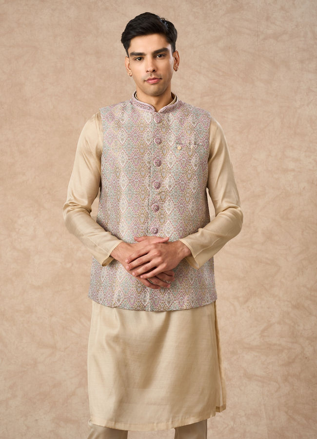 Manyavar Men Cream Brocade Nehru Jacket with Pocket Pin