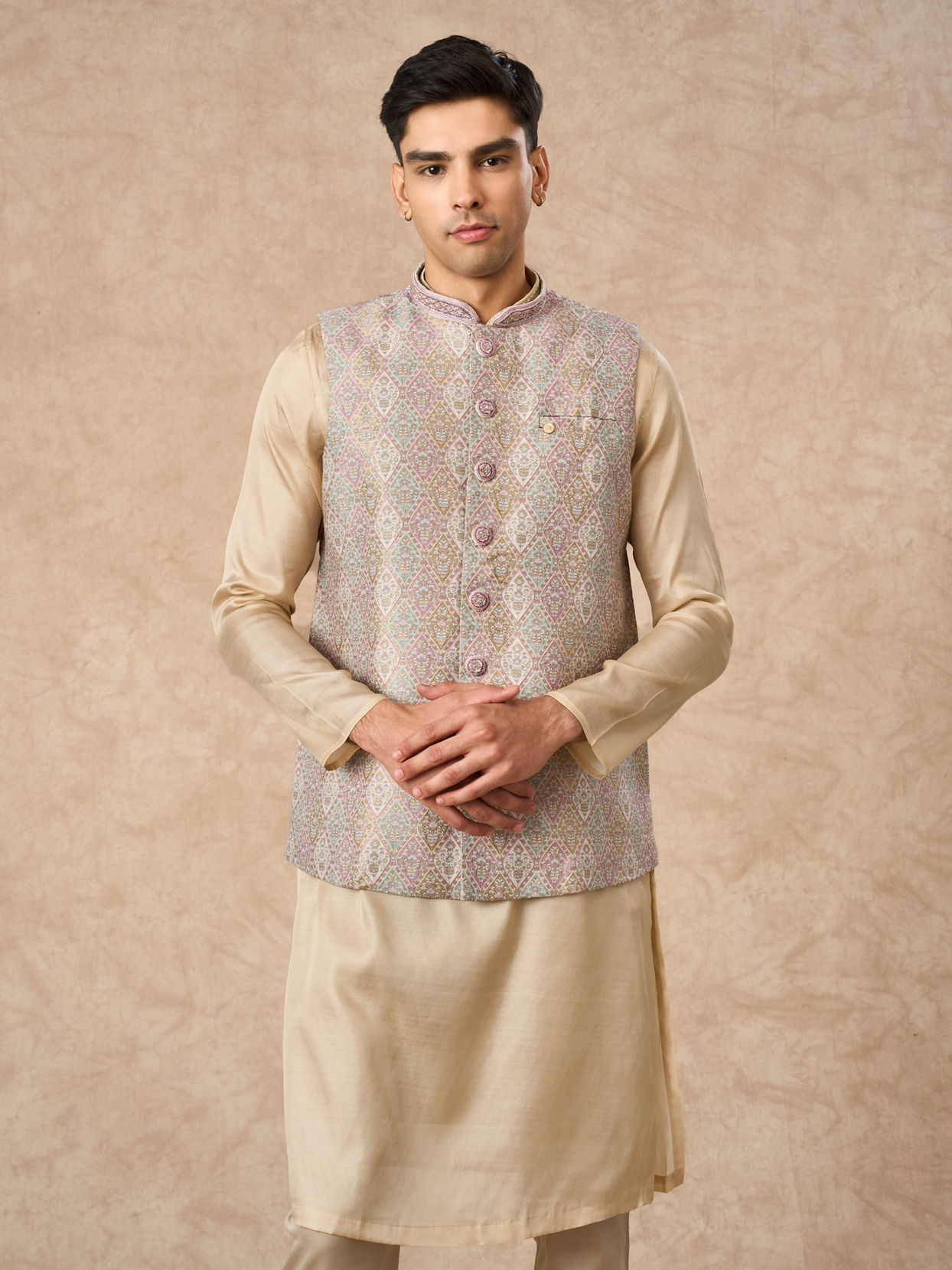 Manyavar Men Cream Brocade Nehru Jacket with Pocket Pin