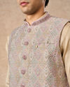 Manyavar Men Cream Brocade Nehru Jacket with Pocket Pin