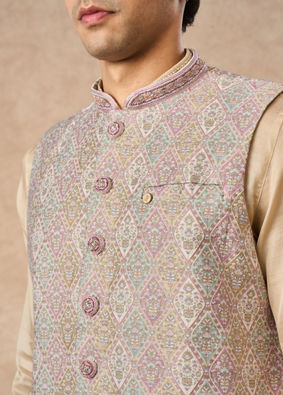 Manyavar Men Cream Brocade Nehru Jacket with Pocket Pin