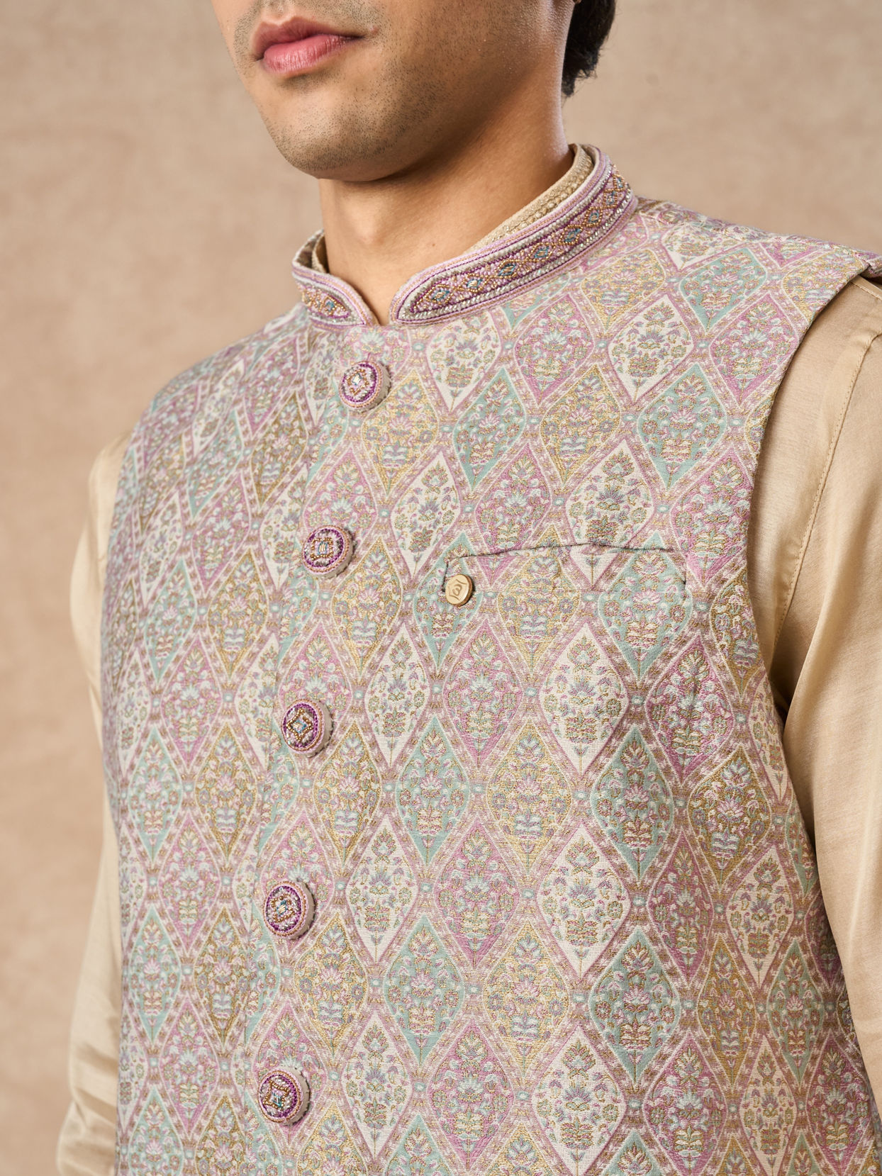 Manyavar Men Cream Brocade Nehru Jacket with Pocket Pin