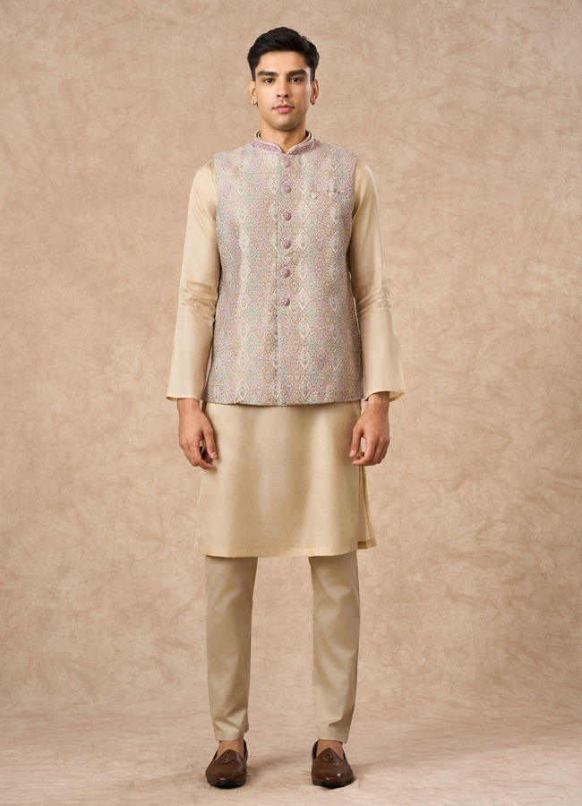 Manyavar Men Cream Brocade Nehru Jacket with Pocket Pin