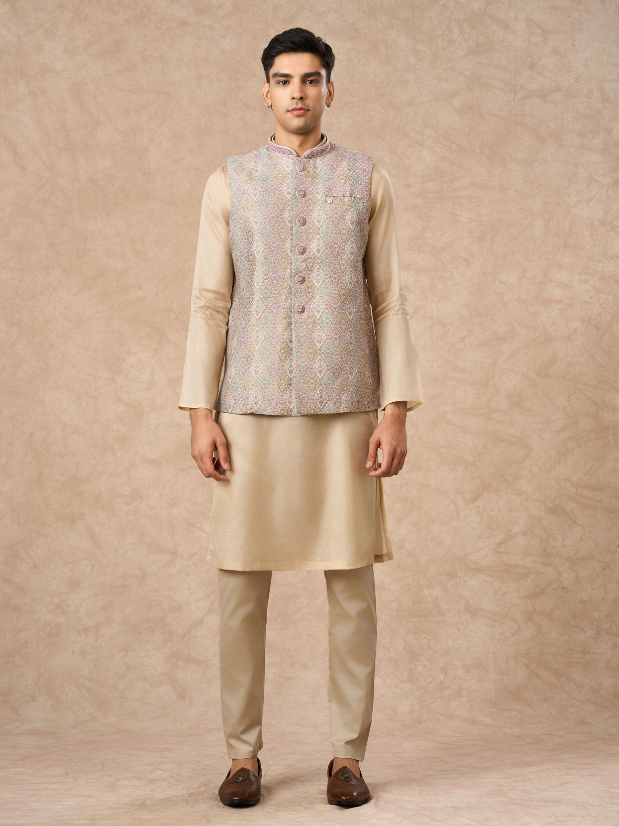 Manyavar Men Cream Brocade Nehru Jacket with Pocket Pin